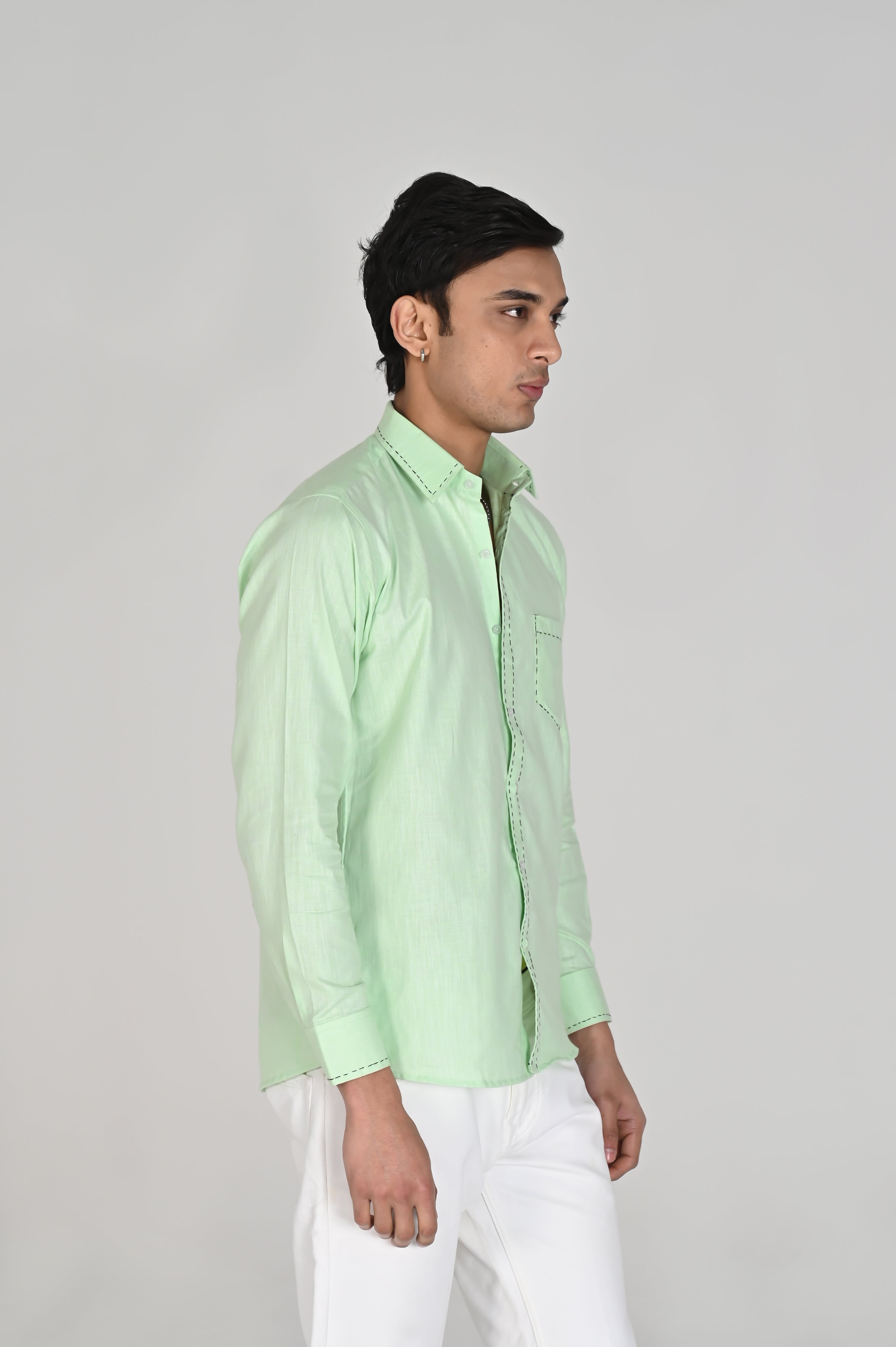 Men’s Mint Green Shirt with Contrast Black Thread Work