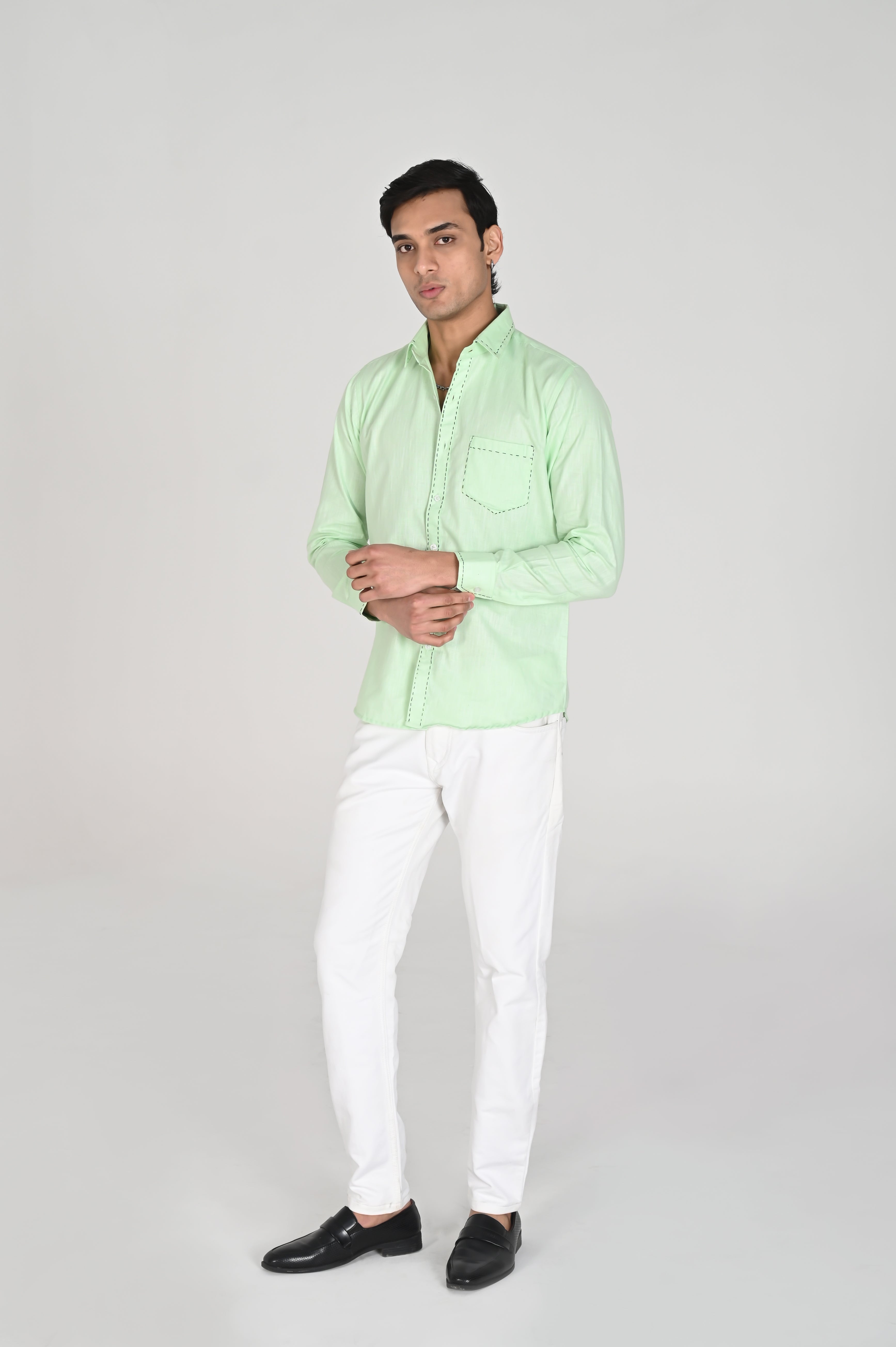 Men’s Mint Green Shirt with Contrast Black Thread Work