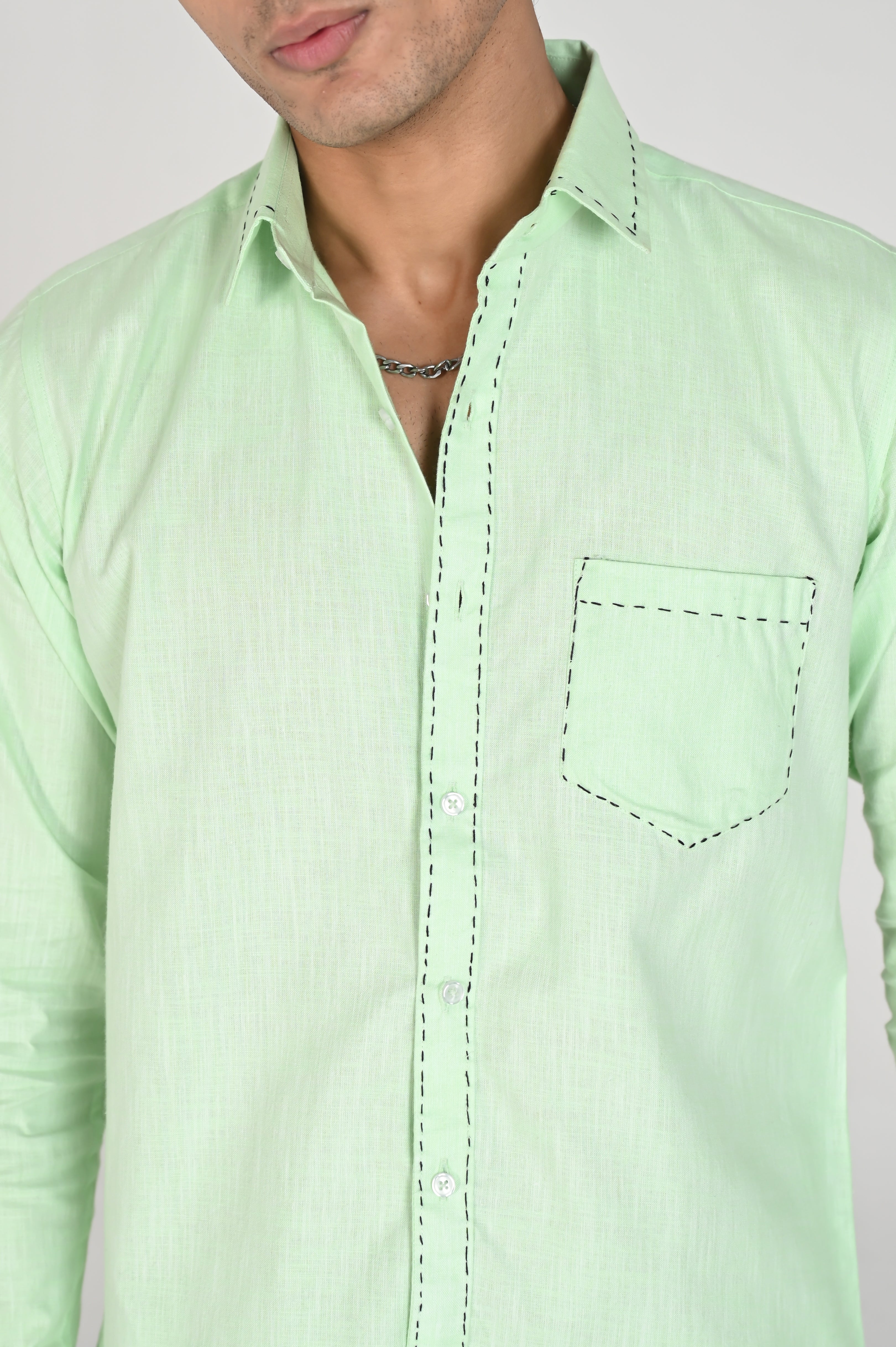 Men’s Mint Green Shirt with Contrast Black Thread Work