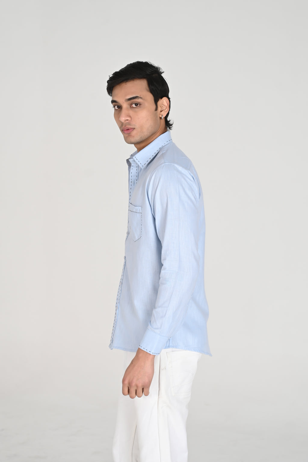 Men’s Sky Blue Shirt with Contrast Black Thread Work