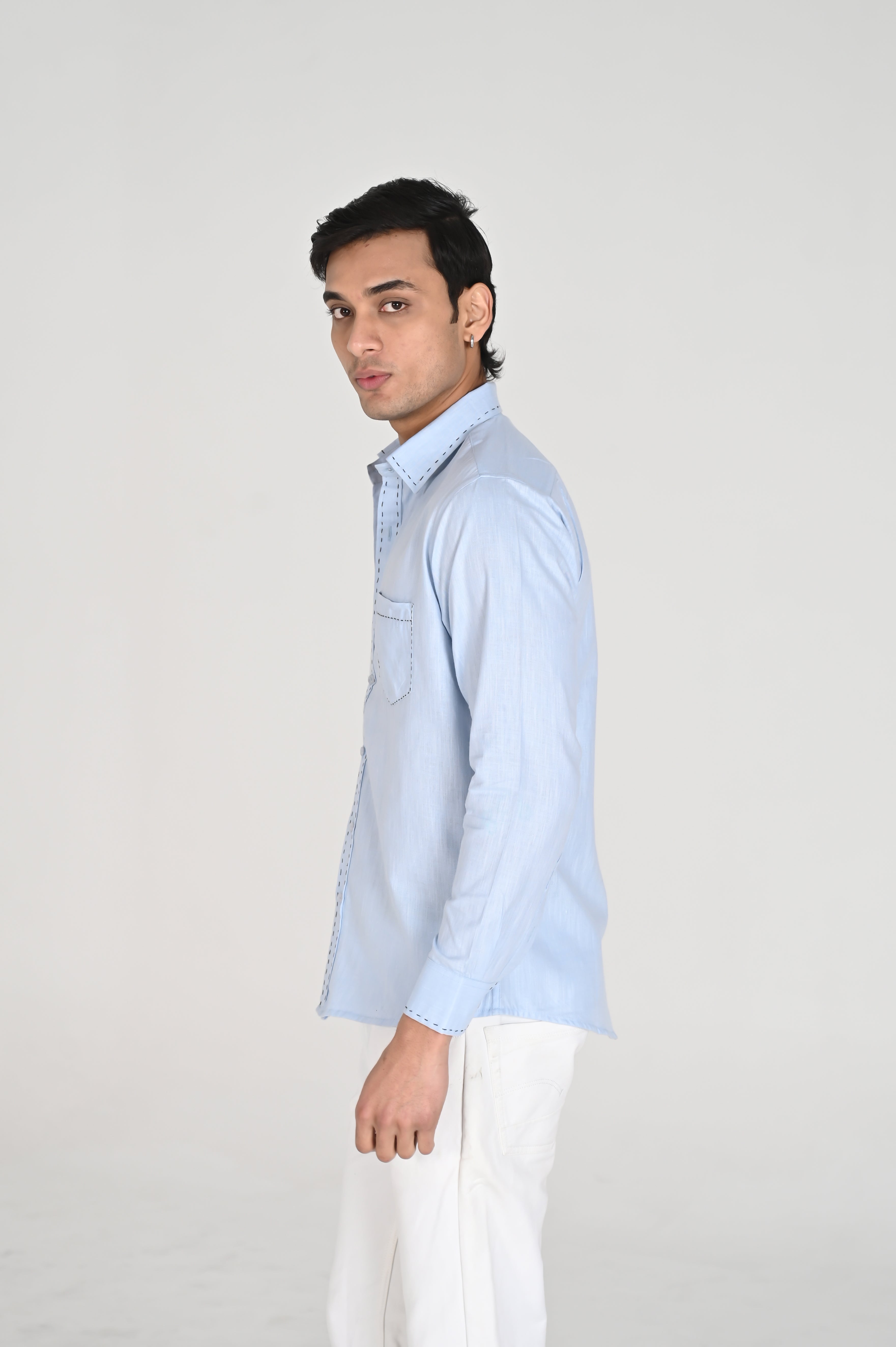 Men’s Sky Blue Shirt with Contrast Black Thread Work