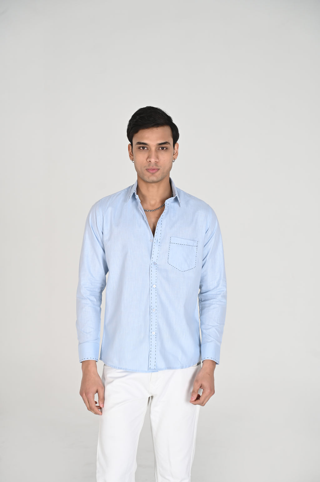 Men’s Sky Blue Shirt with Contrast Black Thread Work