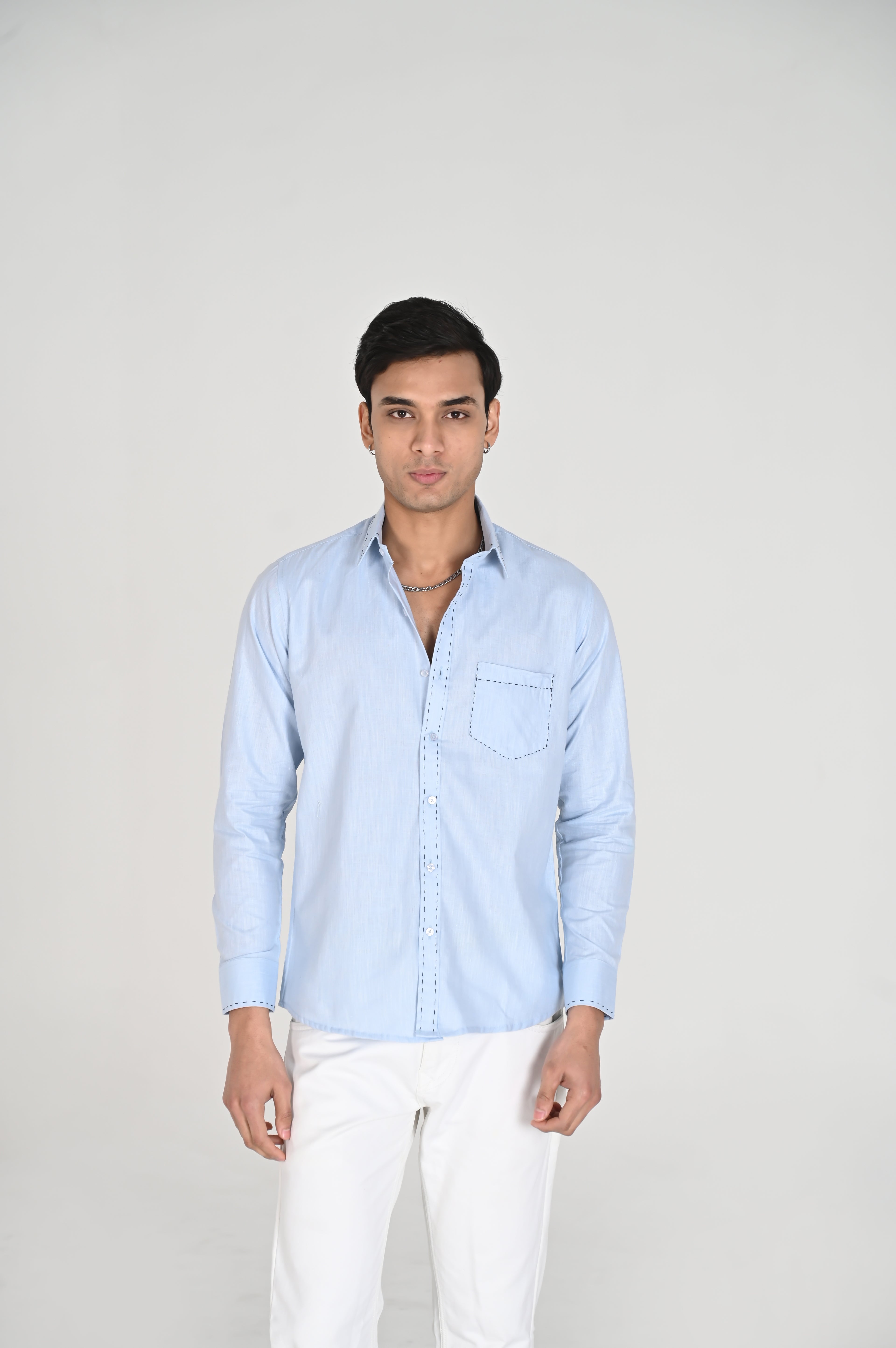 Men’s Sky Blue Shirt with Contrast Black Thread Work