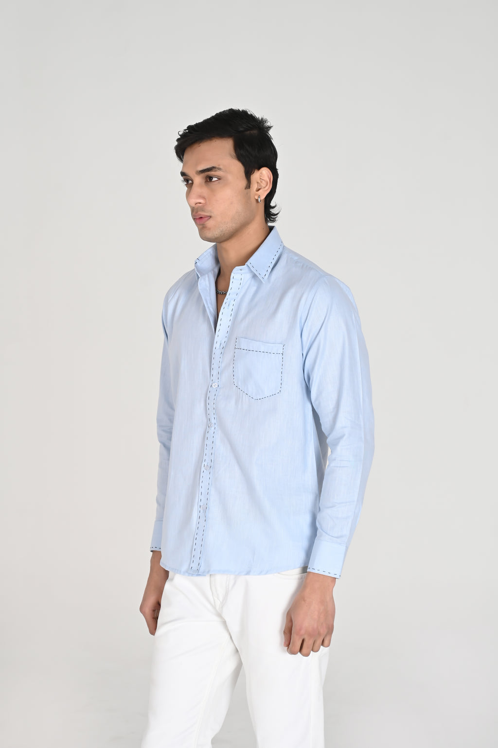 Men’s Sky Blue Shirt with Contrast Black Thread Work