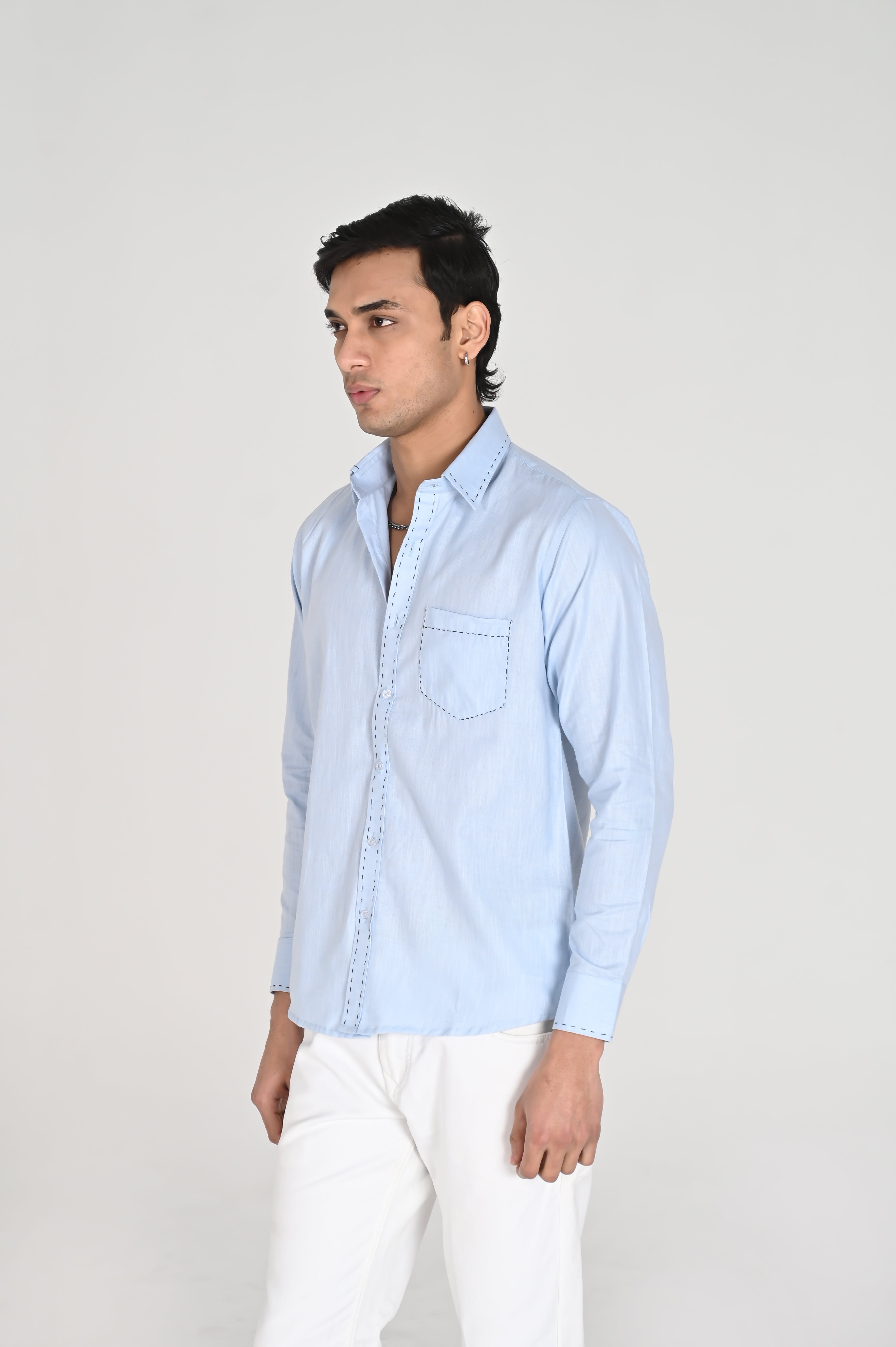 Men’s Sky Blue Shirt with Contrast Black Thread Work