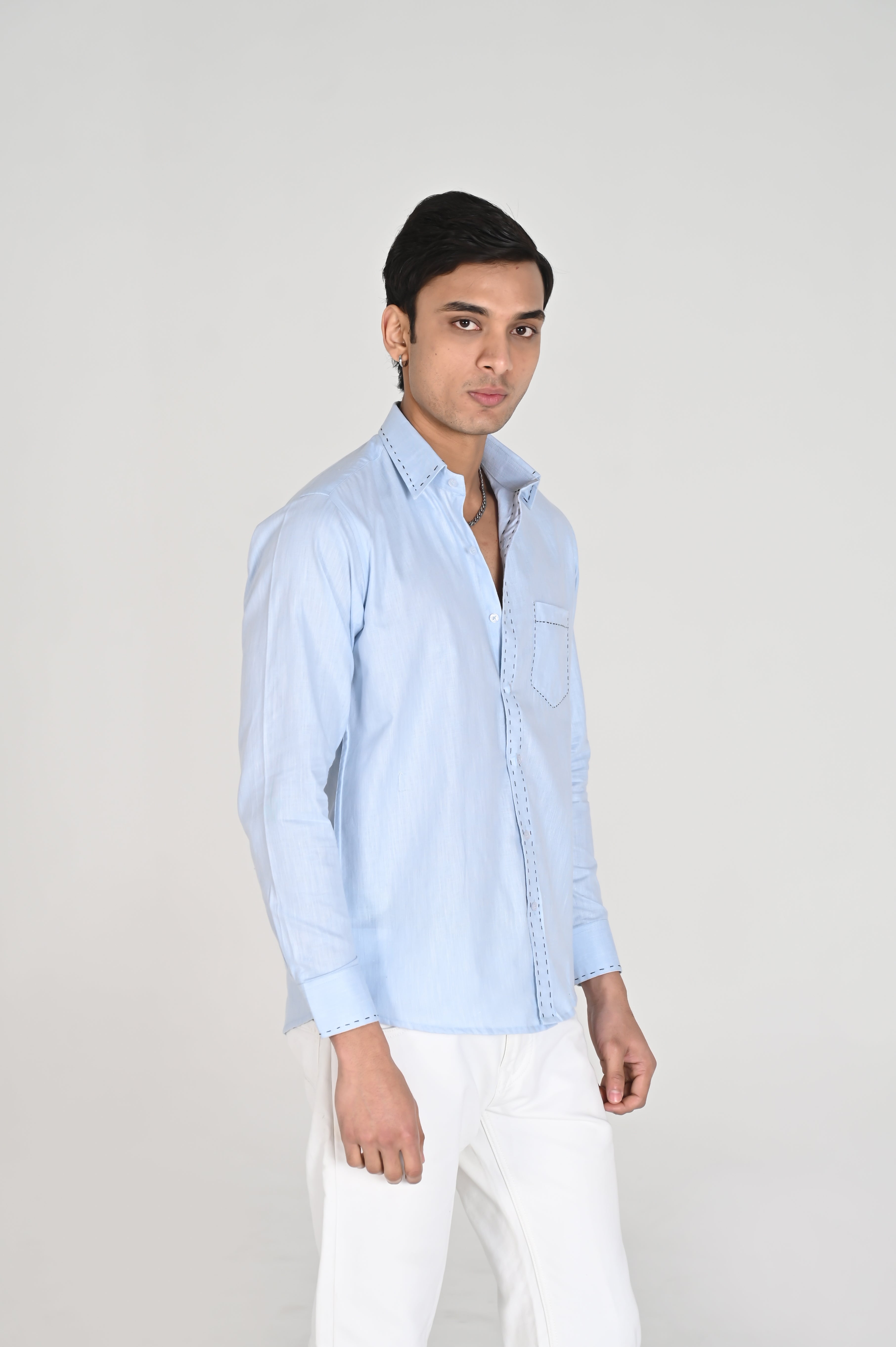 Men’s Sky Blue Shirt with Contrast Black Thread Work