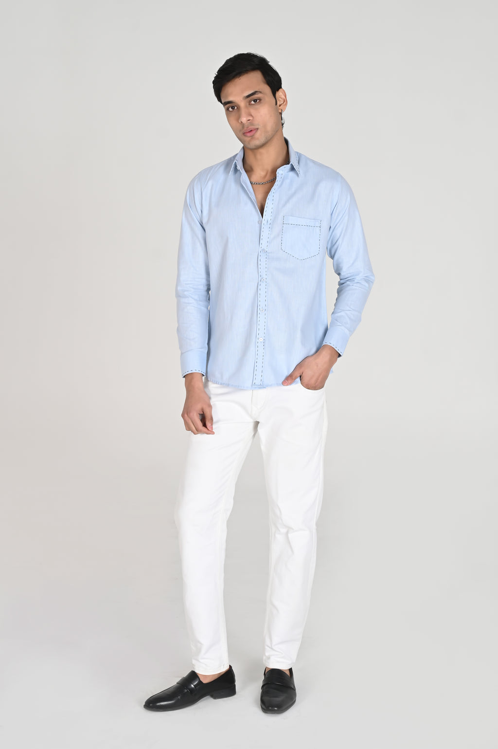Men’s Sky Blue Shirt with Contrast Black Thread Work