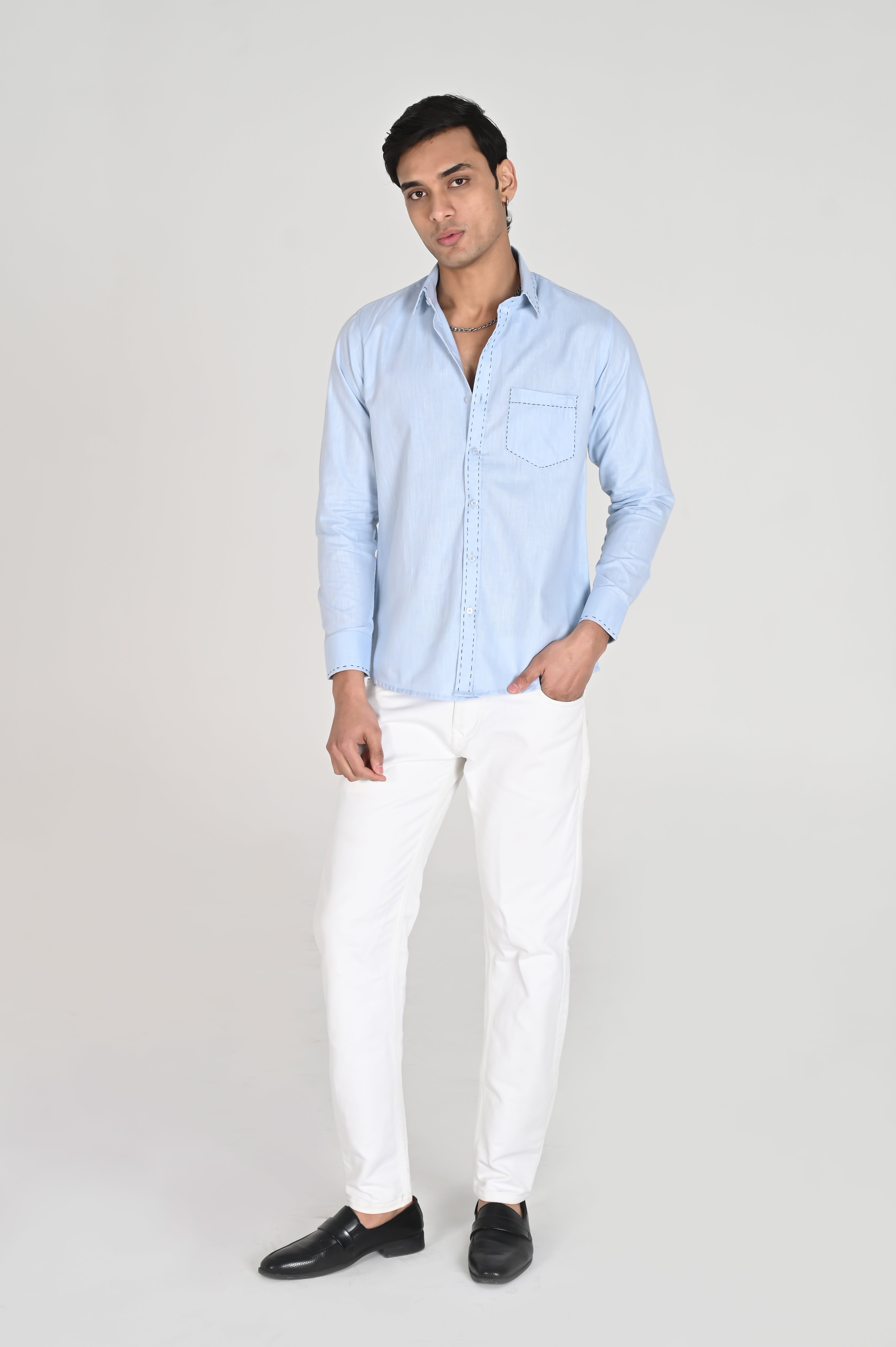Men’s Sky Blue Shirt with Contrast Black Thread Work
