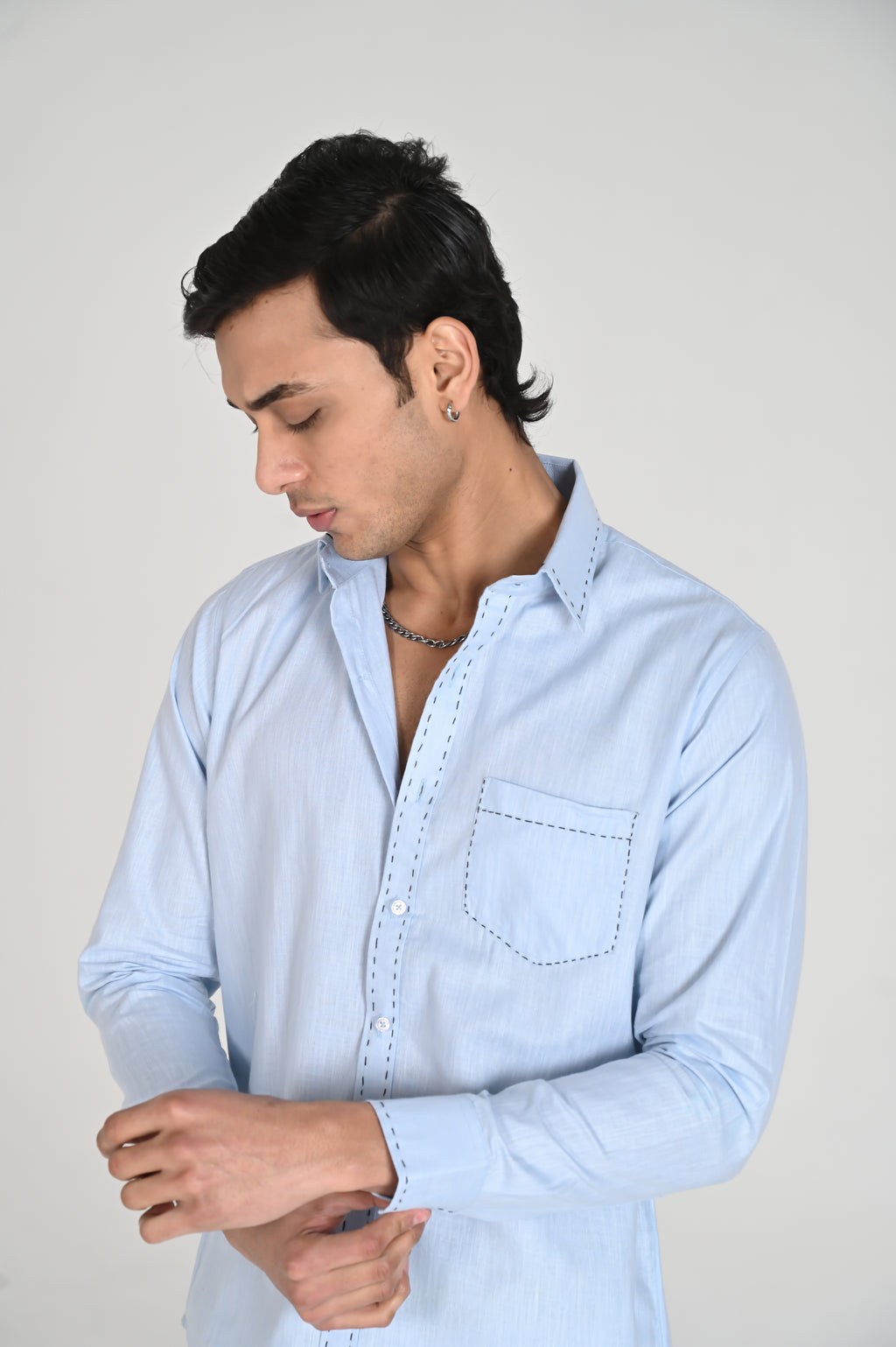 Men’s Sky Blue Shirt with Contrast Black Thread Work