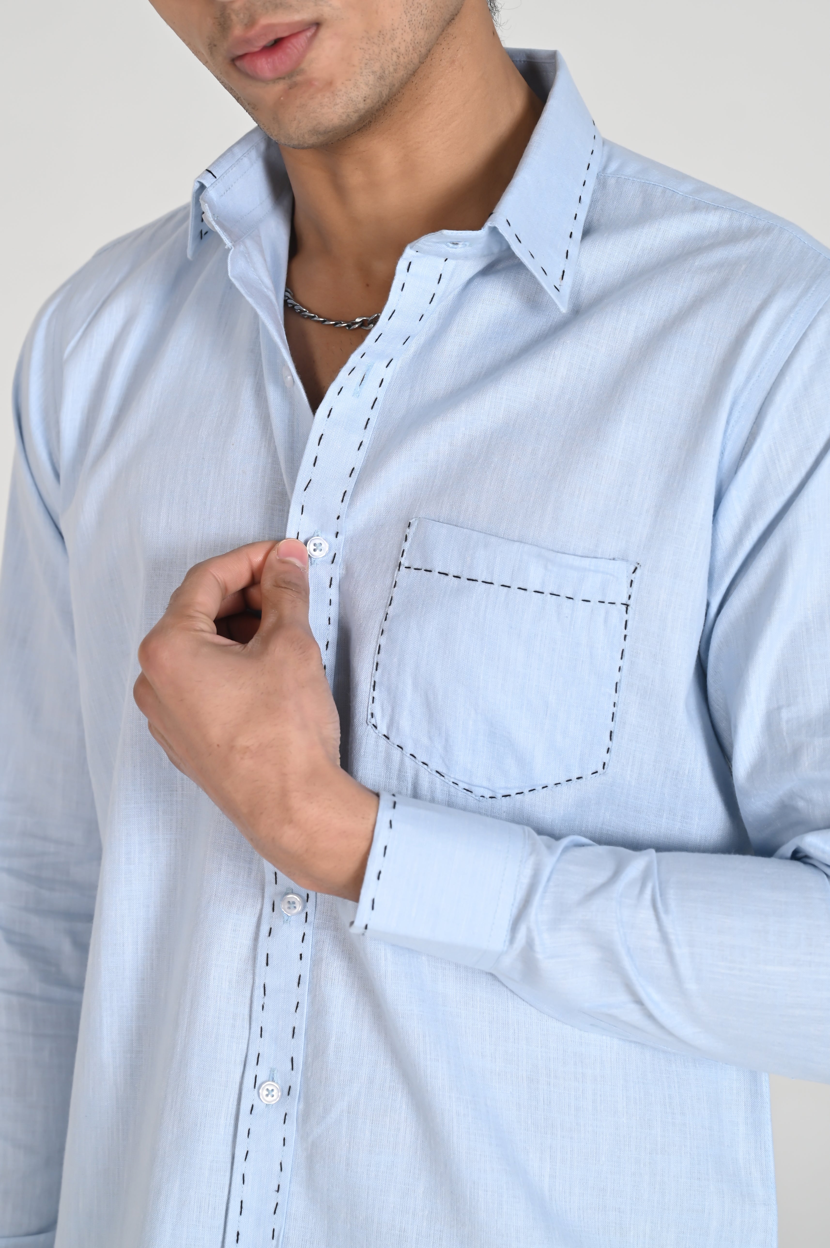 Men’s Sky Blue Shirt with Contrast Black Thread Work