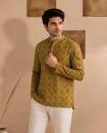 Men's Mustard Sanganeri Print Cotton Short Kurta