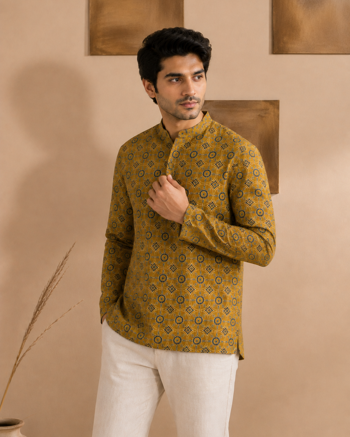 Men's Mustard Sanganeri Print Cotton Short Kurta