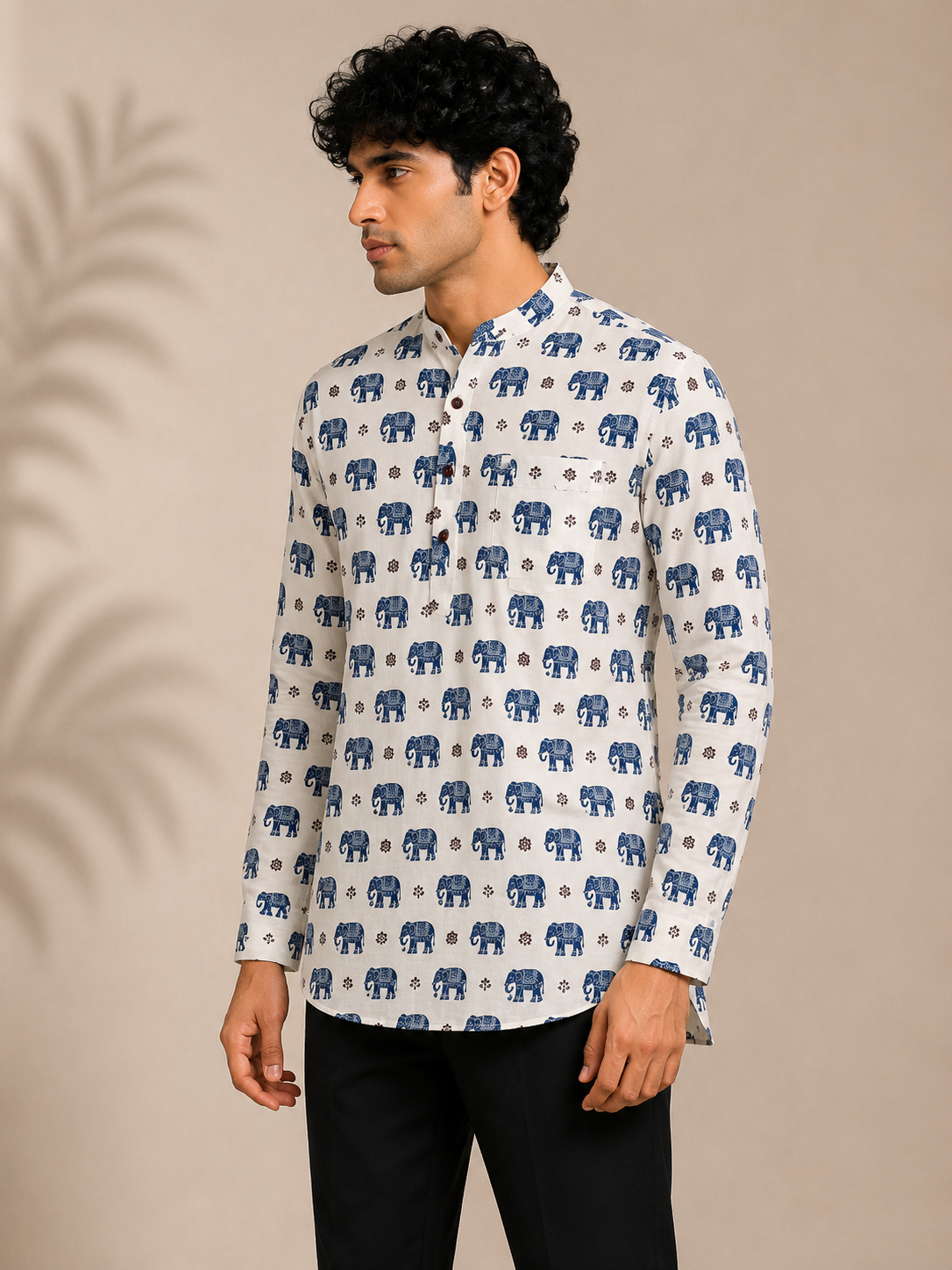 Men’s White Elephant Sanganeri Print Cotton Short Kurta