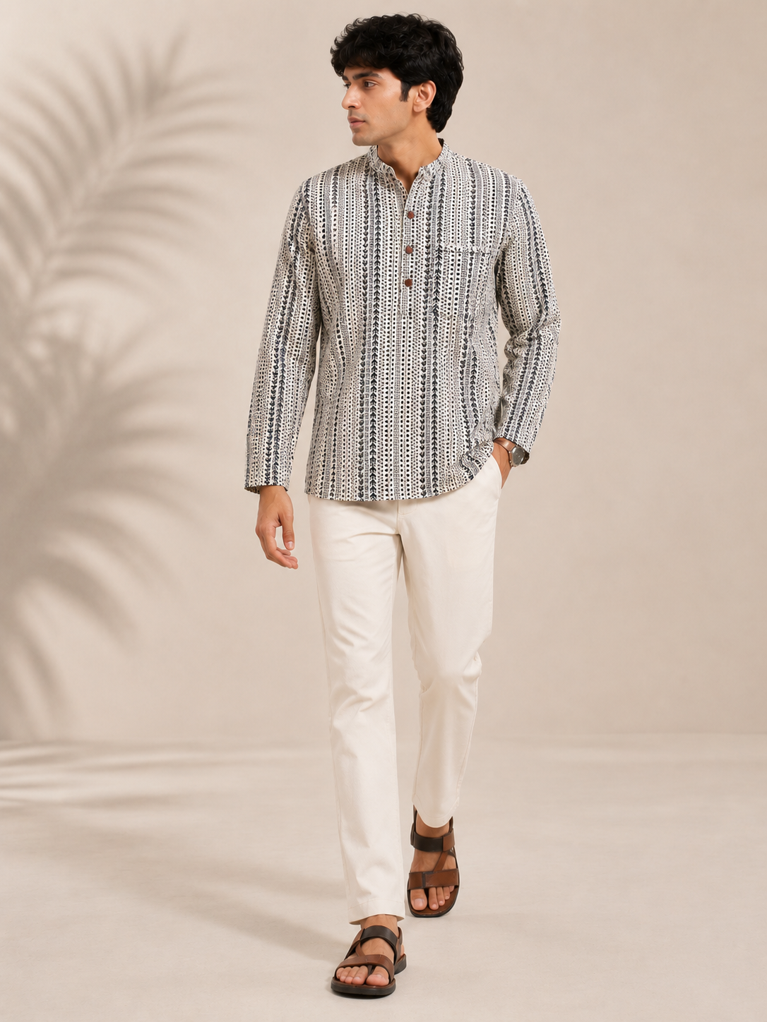 Men's Ivory & Navy Sanganeri Print Cotton Short Kurta