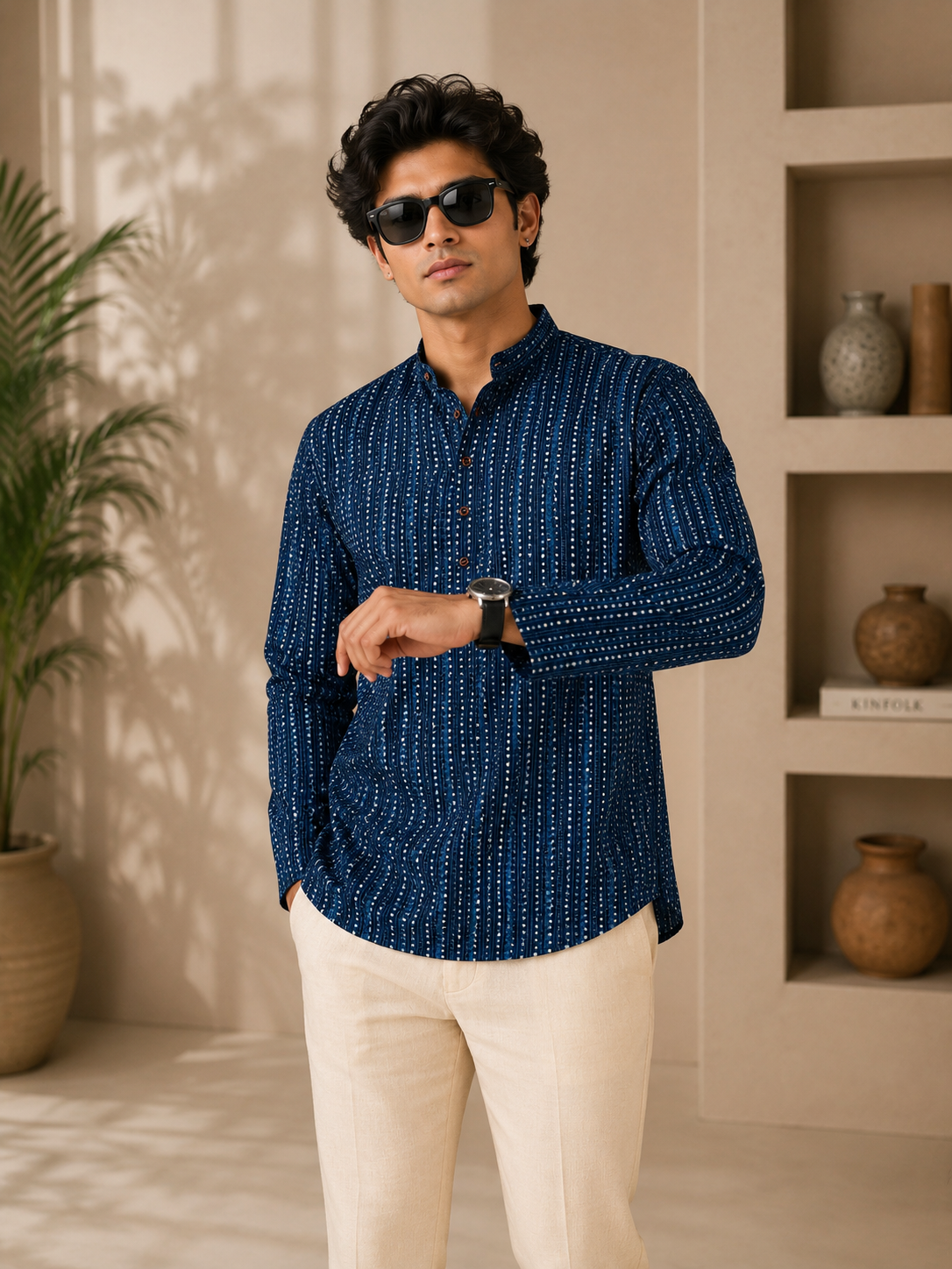 Men’s Indigo Sanganeri Print Cotton Short Kurta