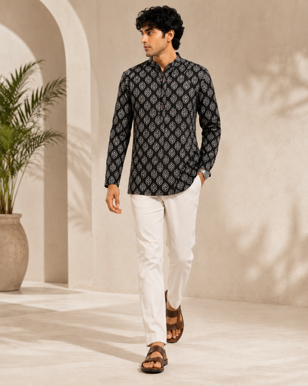 Men’s Black Sanganeri Print Cotton Short Kurta
