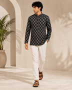Men’s Black Sanganeri Print Cotton Short Kurta