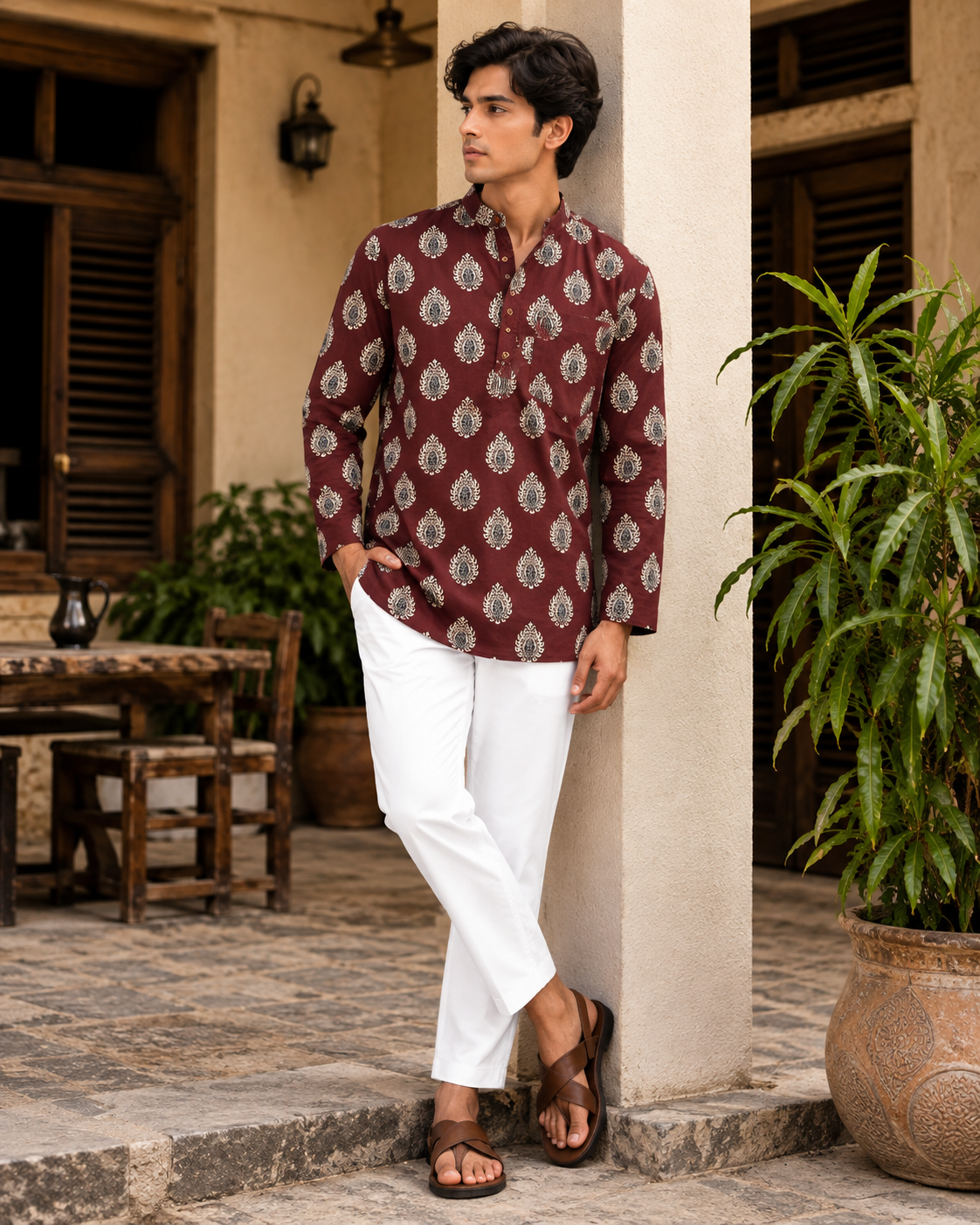 Men's Burgundy Heritage Sanganeri Print Cotton Short Kurta