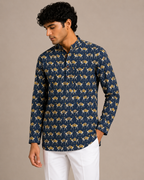 Men’s Navy Blue Sanganeri Print Cotton Short Kurta