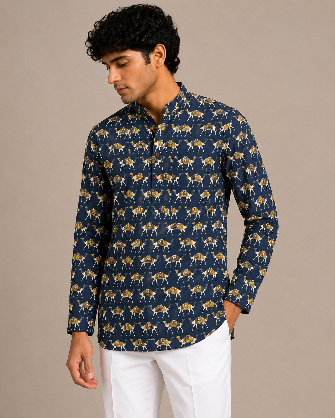 Men’s Navy Blue Sanganeri Print Cotton Short Kurta