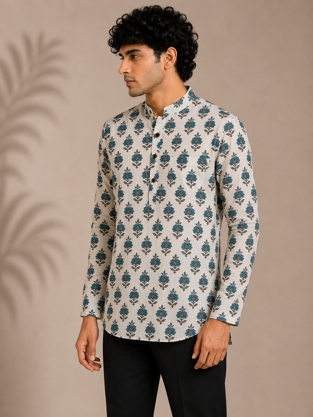 Men’s Ivory Blue Sanganeri Print Cotton Short Kurta
