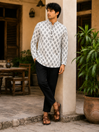 Men’s White Sanganeri Print Cotton Short Kurta