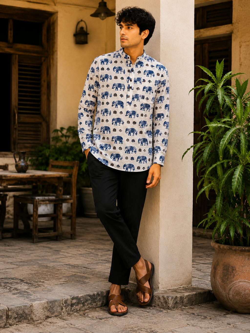Men’s White Elephant Sanganeri Print Cotton Short Kurta