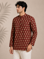 Men's Maroon Sanganeri Print Cotton Short Kurta