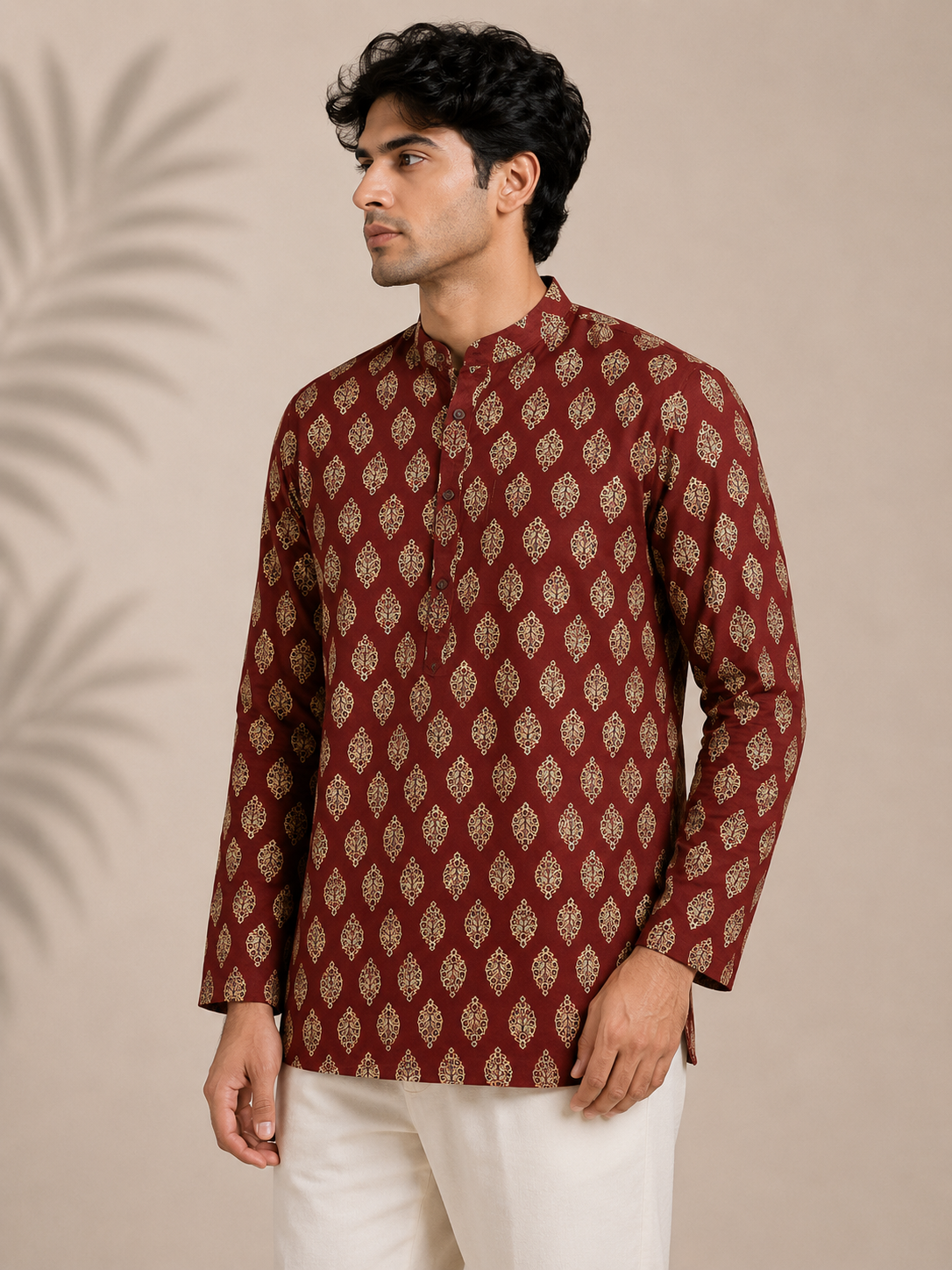 Men's Maroon Sanganeri Print Cotton Short Kurta