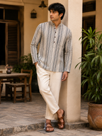 Men's Ivory & Navy Sanganeri Print Cotton Short Kurta