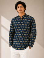 Men’s Navy Blue Sanganeri Print Cotton Short Kurta