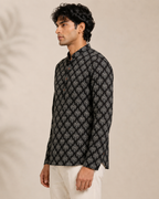 Men’s Black Sanganeri Print Cotton Short Kurta