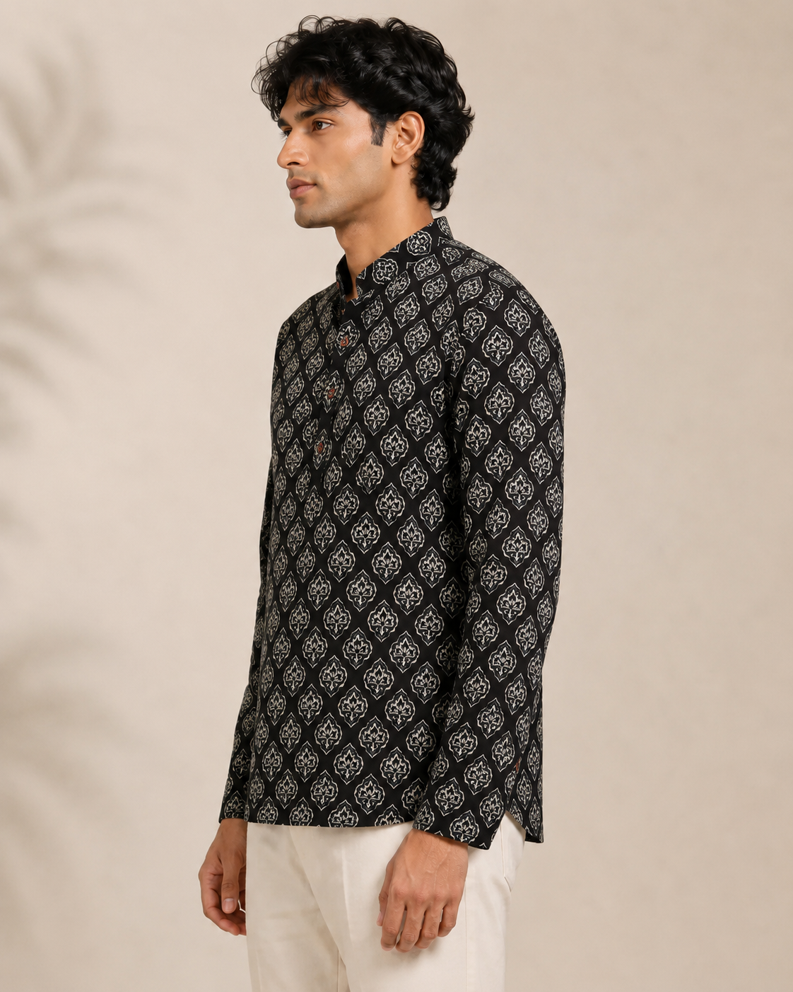 Men’s Black Sanganeri Print Cotton Short Kurta