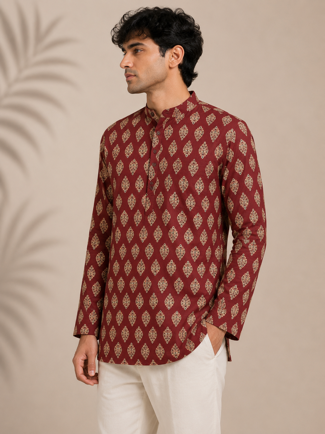 Men's Maroon Sanganeri Print Cotton Short Kurta