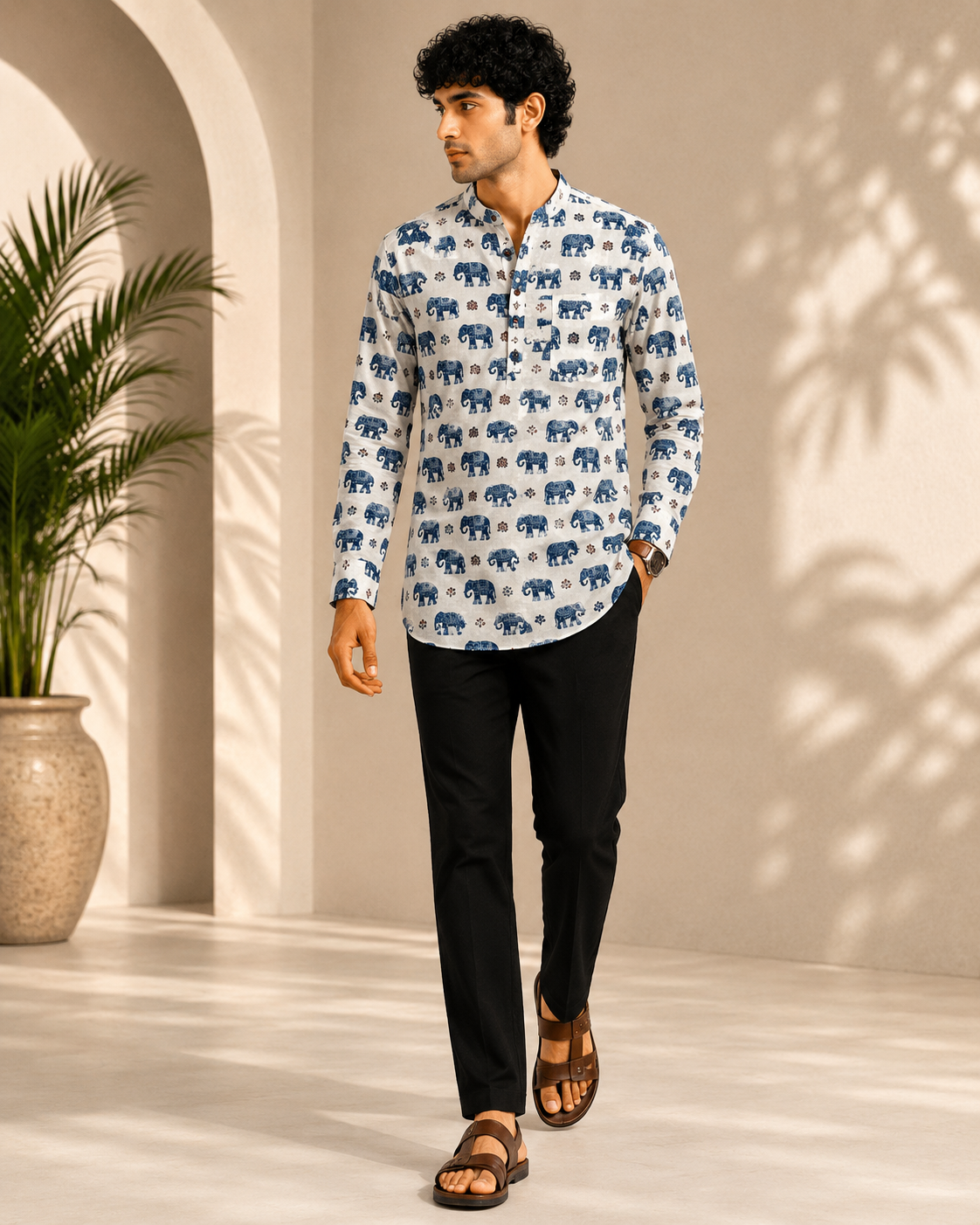 Men’s White Elephant Sanganeri Print Cotton Short Kurta
