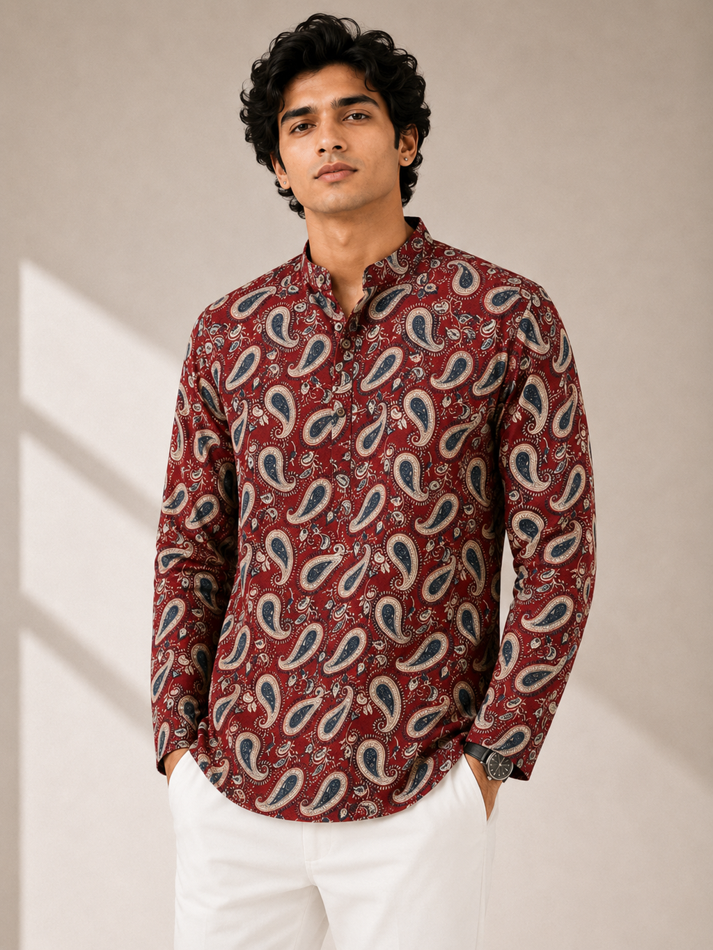 Men’s Maroon Sanganeri Print Cotton Short Kurta