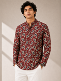Men’s Maroon Sanganeri Print Cotton Short Kurta