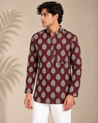 Men's Burgundy Heritage Sanganeri Print Cotton Short Kurta