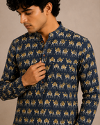 Men’s Navy Blue Sanganeri Print Cotton Short Kurta