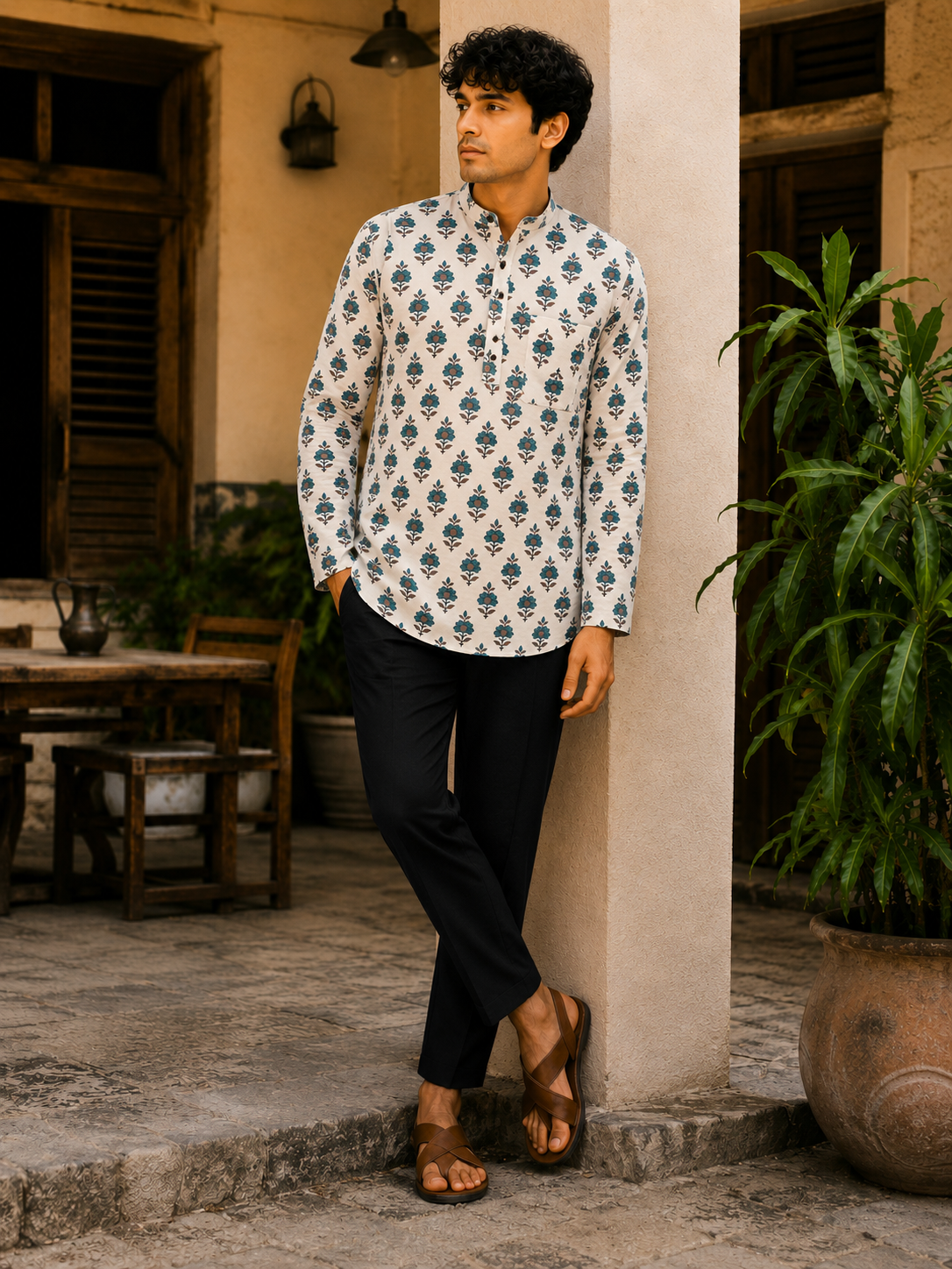 Men’s Ivory Blue Sanganeri Print Cotton Short Kurta