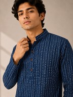 Men’s Indigo Sanganeri Print Cotton Short Kurta