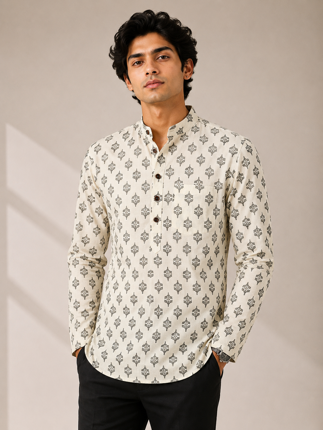 Men’s White Sanganeri Print Cotton Short Kurta