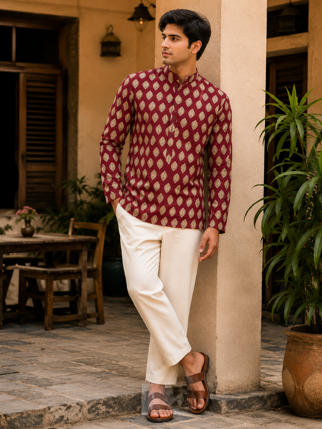 Men's Maroon Sanganeri Print Cotton Short Kurta