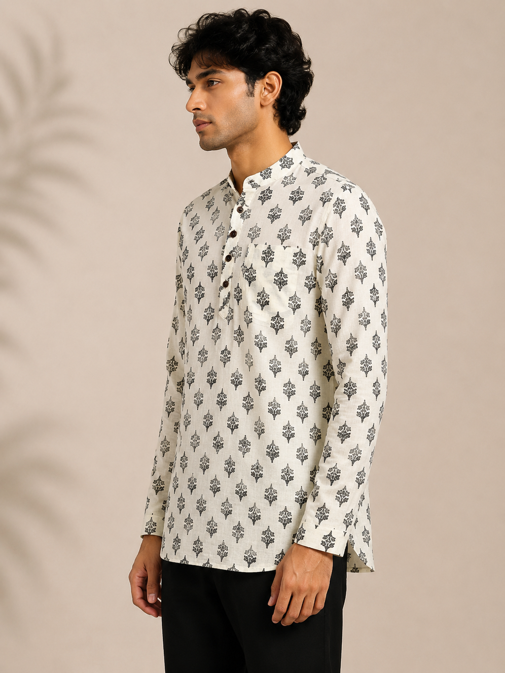 Men’s White Sanganeri Print Cotton Short Kurta
